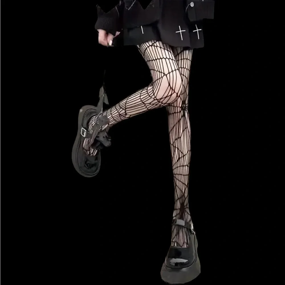 Black Gothic Skull Pattern Fishnet Tights Sexy Hollow Out Mesh Pantyhose OneSize